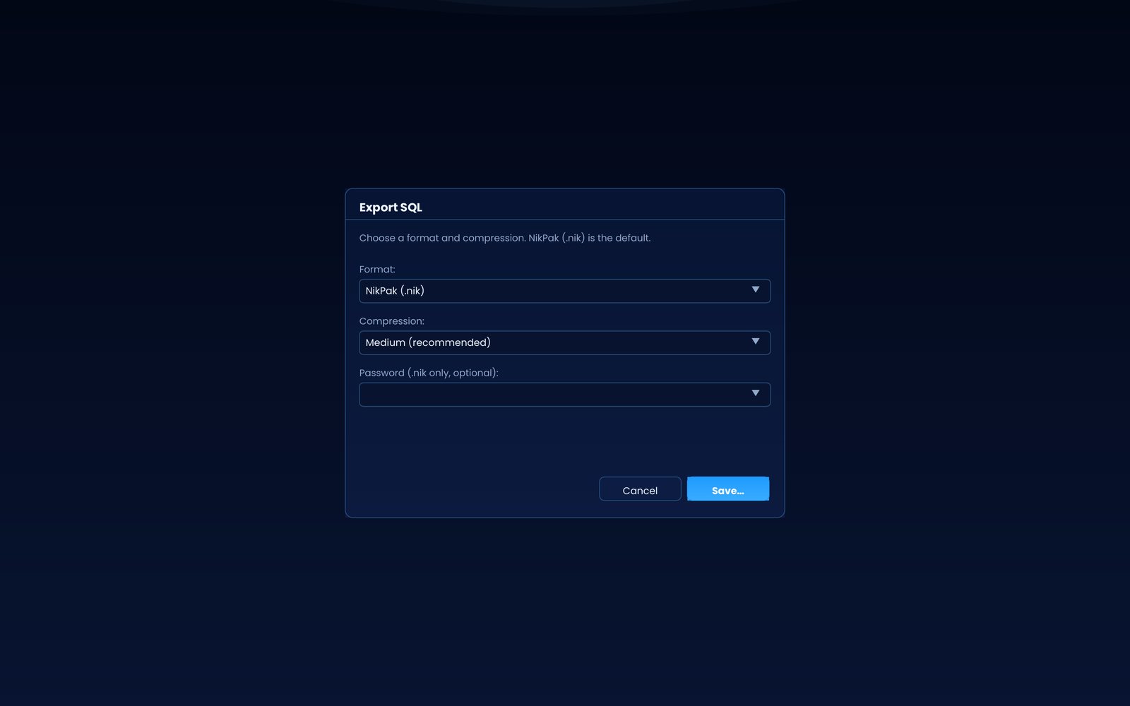 Export dialog